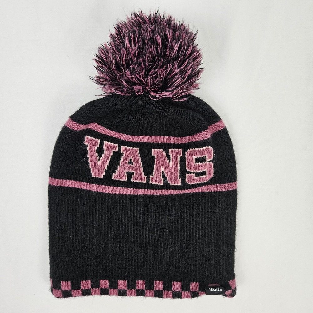 Vans Pompom Beanie Hat Pink Black Off The Wall Adult Winter Toboggan Cap
